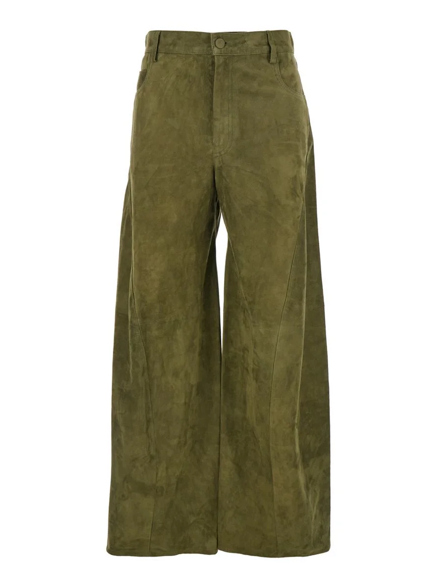 Marni Green Pants With Wide Leg And Logo Patch On The Rear In Suede Woman - 1