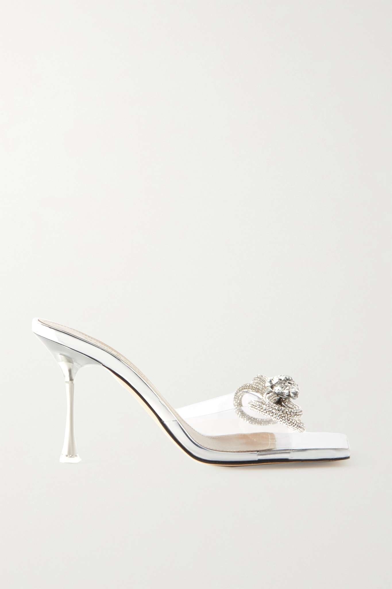 Double Bow crystal-embellished leather and iridescent PVC mules - 1