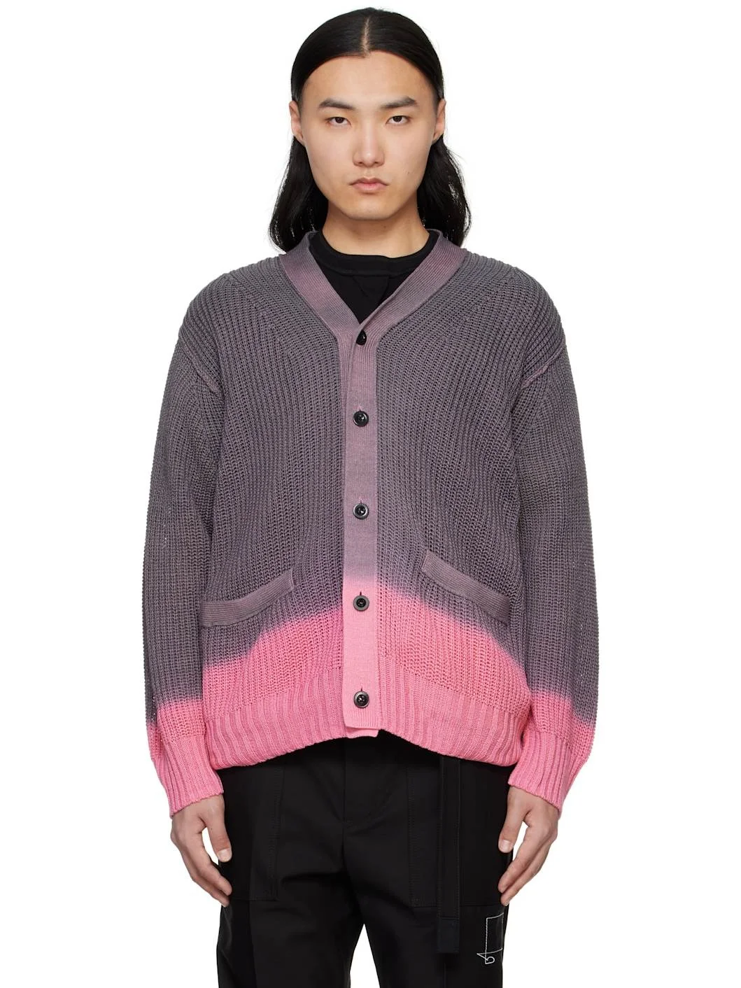 Gray & Pink Garment Dye Knit Cardigan - 1