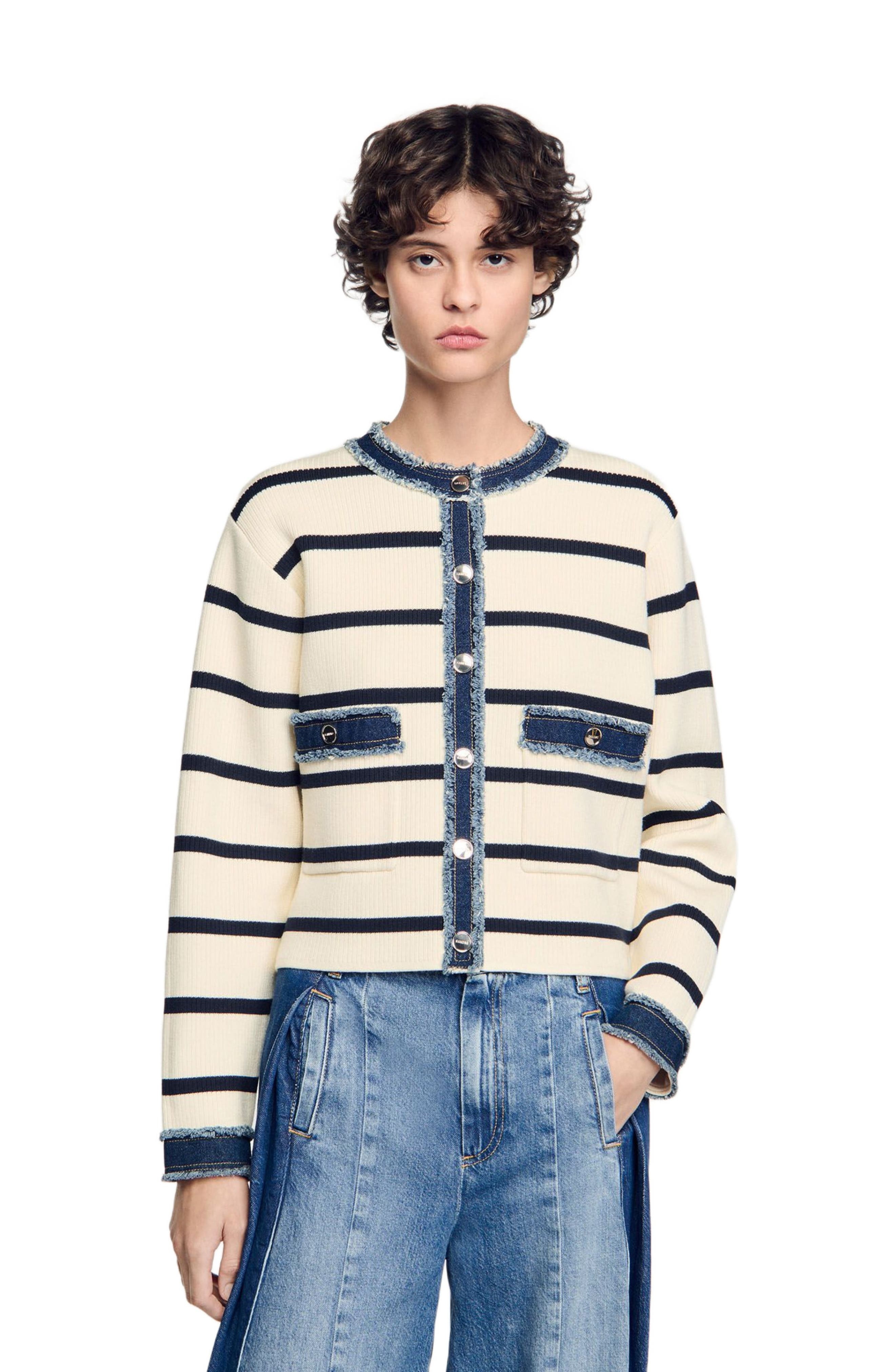 SANDRO Stripy cardigan with denim details in Ecru at Nordstrom - 3