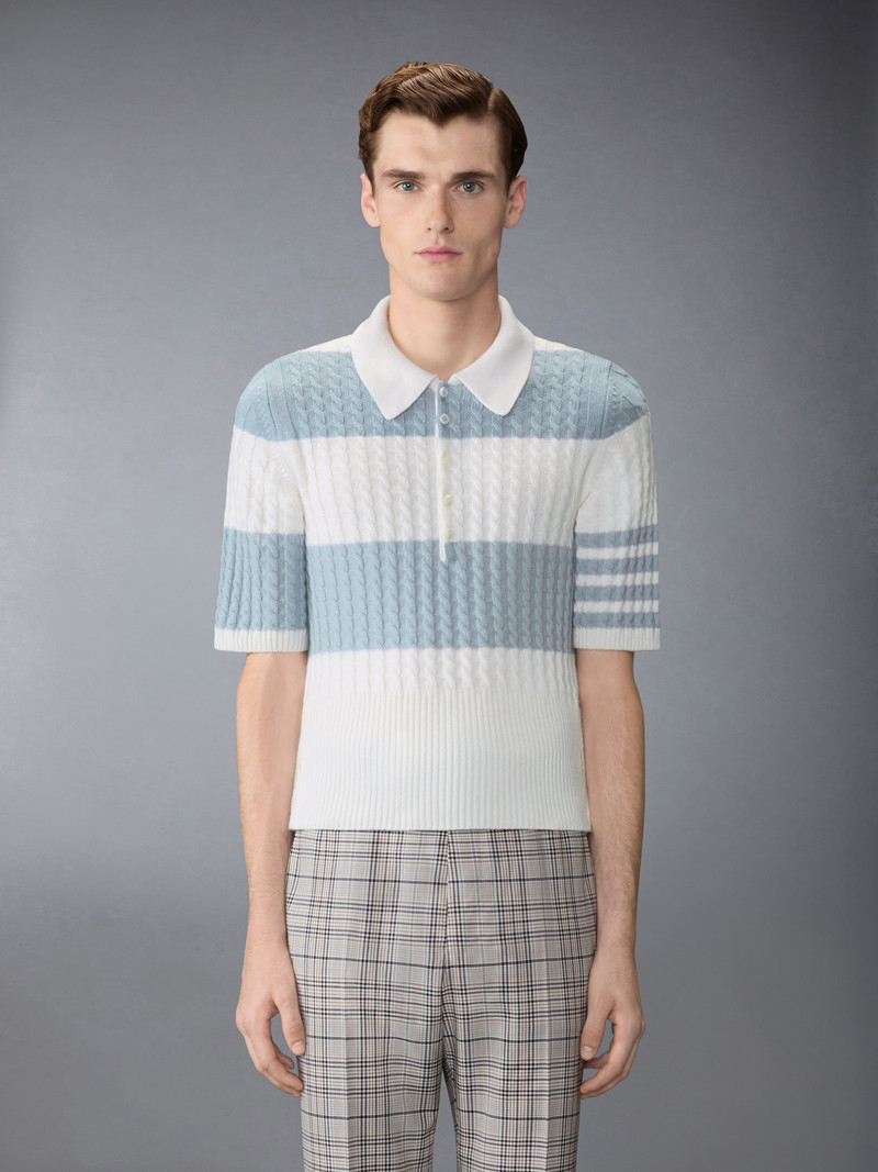 Thom Browne CASHMERE BABY CABLE STITCH 4-BAR RUGBY STRIPE POLO outlook