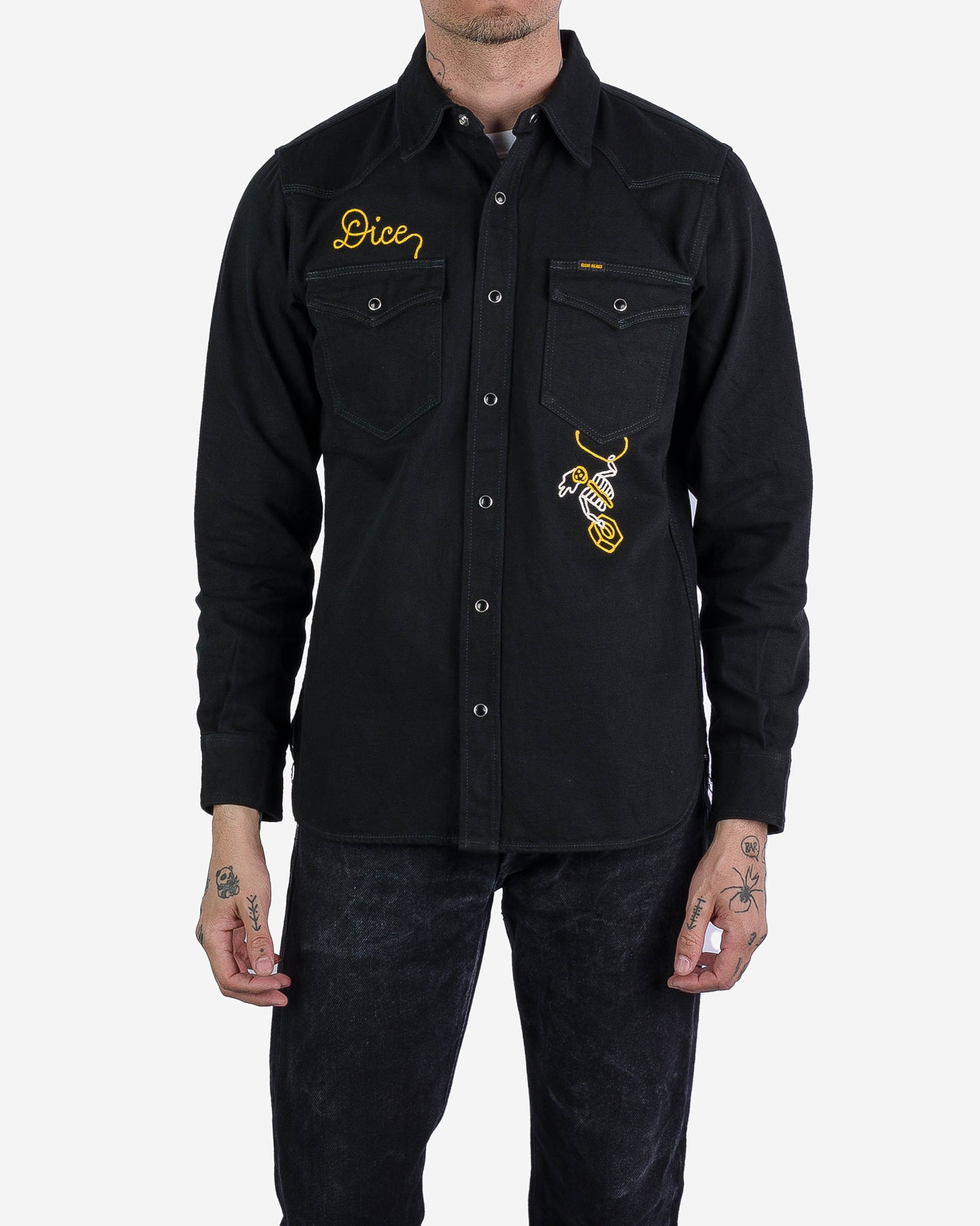 IHSH-IHxDM-01 Iron Heart x DicE 12oz Selvedge Denim Embroidered Western Shirt "The Johnny Cash III"  - 2