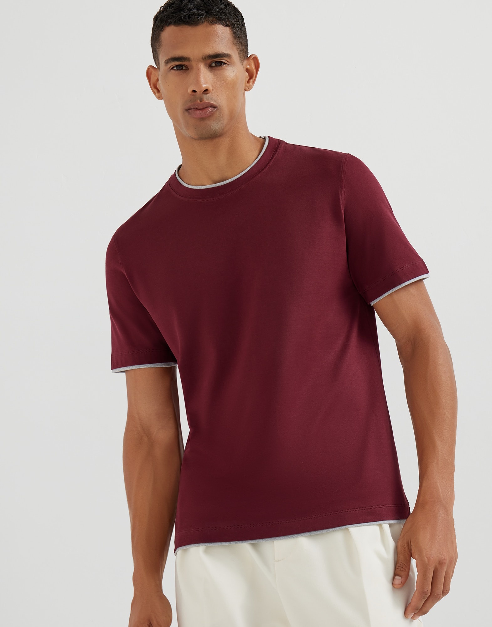 Cotton jersey crew neck T-shirt with faux-layering - 1