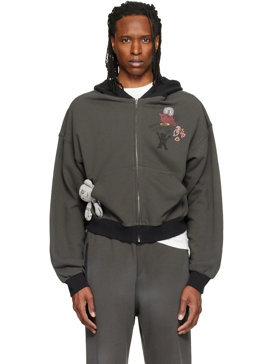 Gray Washed Doodle Teddy Zip-Up Hoodie - 1