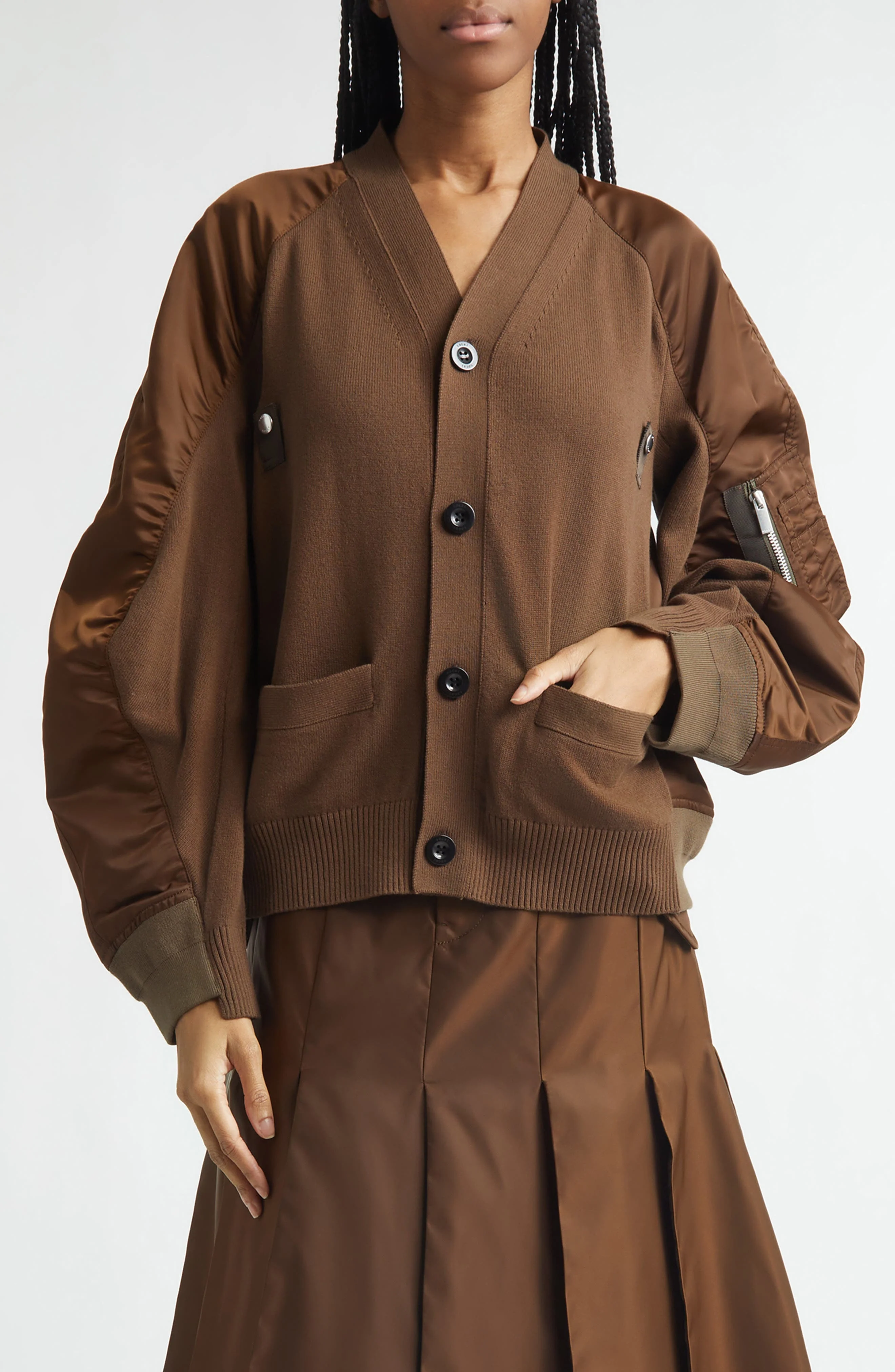 Sacai Mixed Media Knit & Nylon Twill Cardigan in Brown at Nordstrom - 1