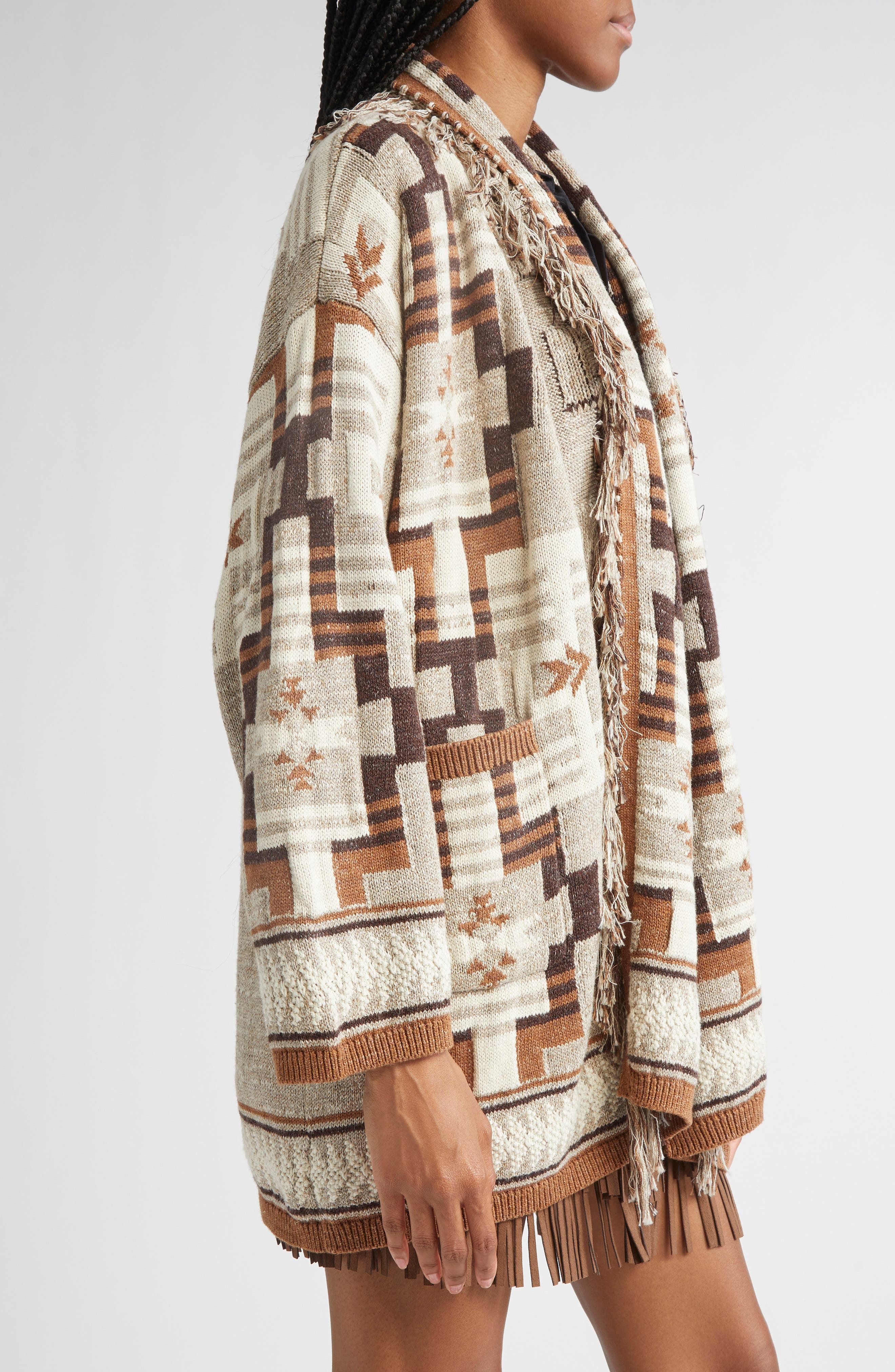 L'AGENCE Jair Geo Pattern Fringe Cardigan in Natural Multi at Nordstrom - 4