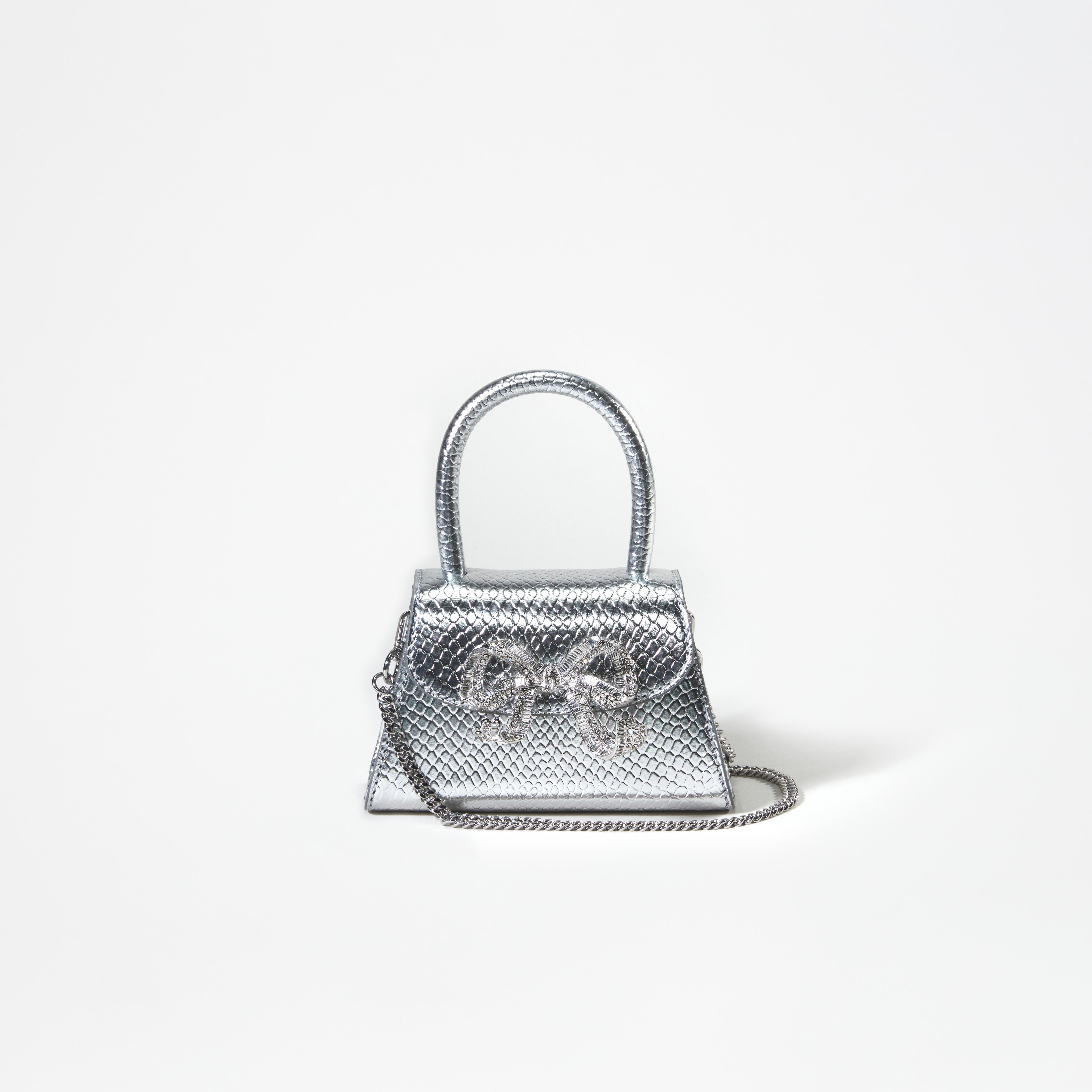 Silver Python Diamante Bow Micro Bag - 4