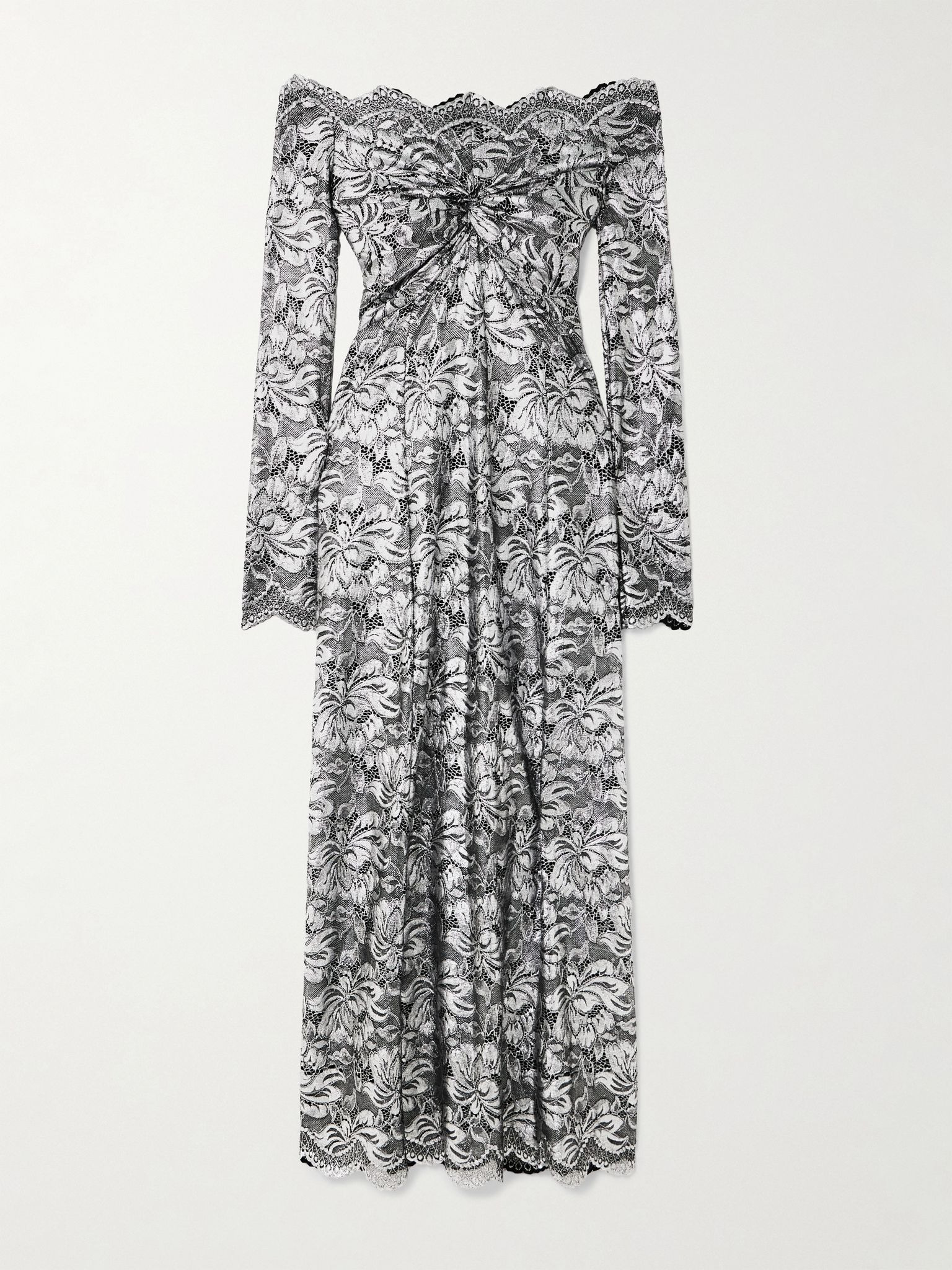 Off-shoulder metallic stretch-lace midi dress Silver - 1