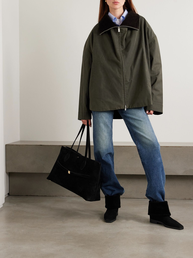 Totême Corduroy-trimmed waxed organic cotton jacket Forest green outlook