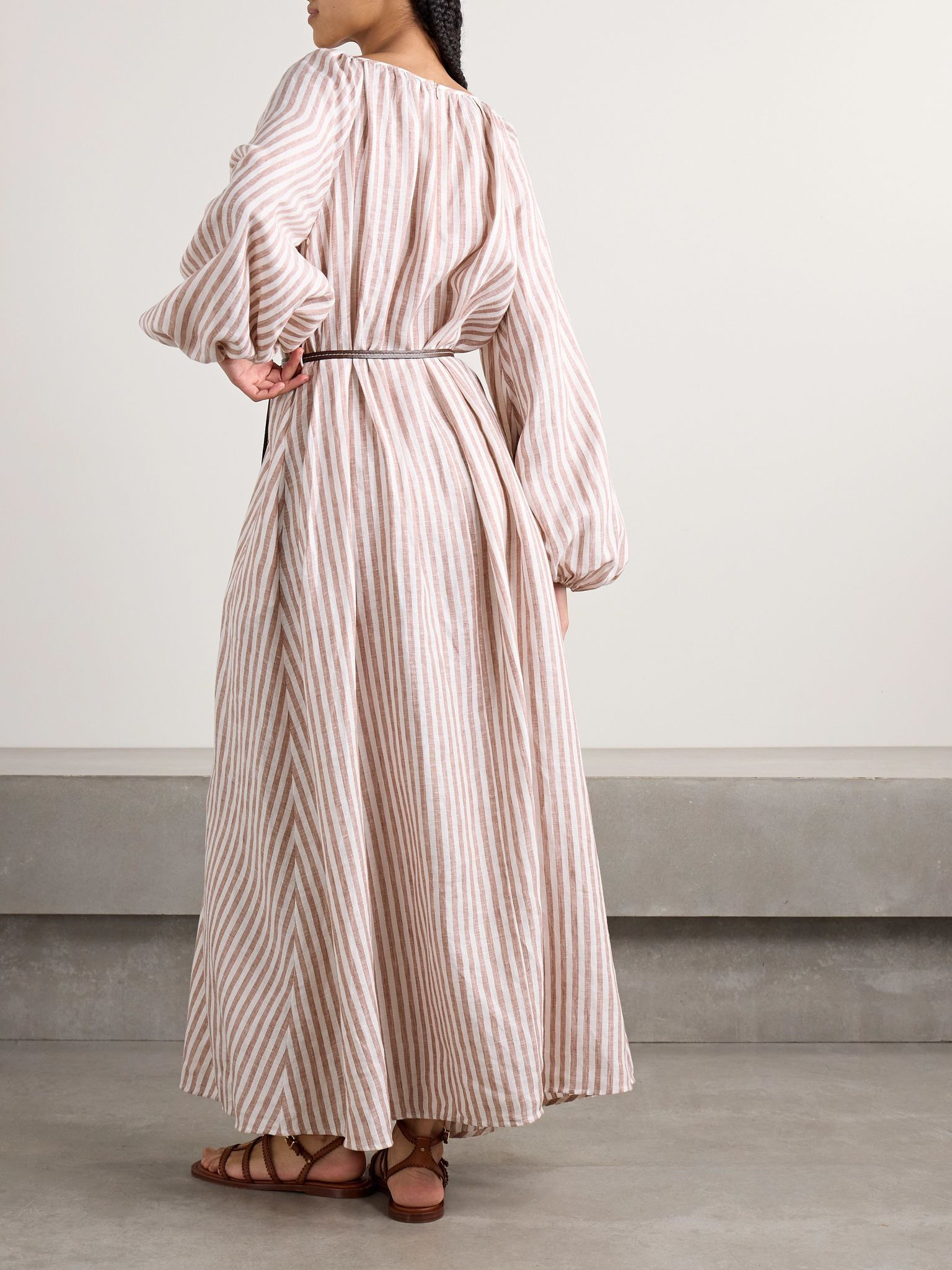 Cascadian oversized belted striped linen maxi dress Light brown - 3