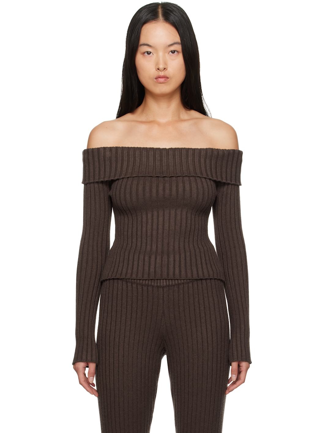 Brown Thalia Off Shoulder Sweater - 1