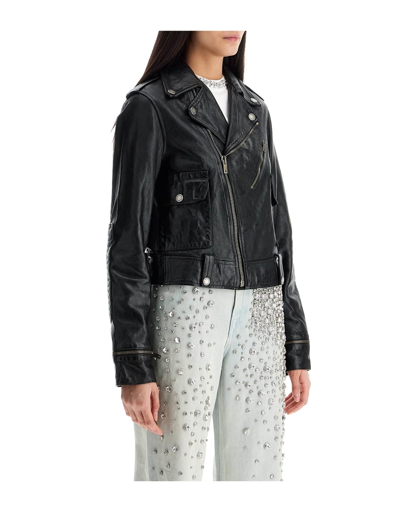 Shiny Black Sheepskin Biker Jacket With Sturdy Zip - 2