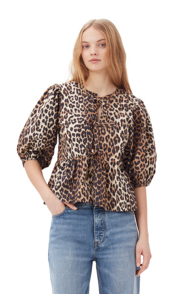 GANNI LEOPARD COTTON POPLIN PEPLUM TIE BLOUSE outlook