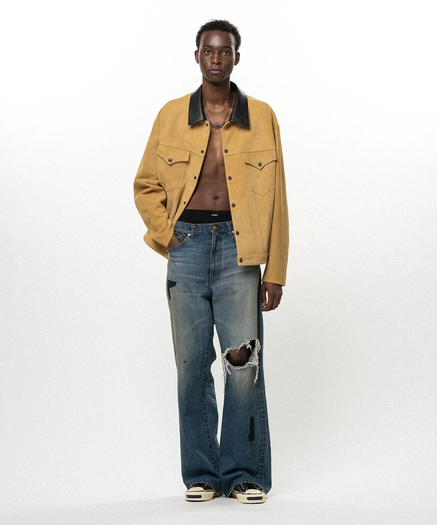 Repaired Wide Bootcut Denim Pants - 1