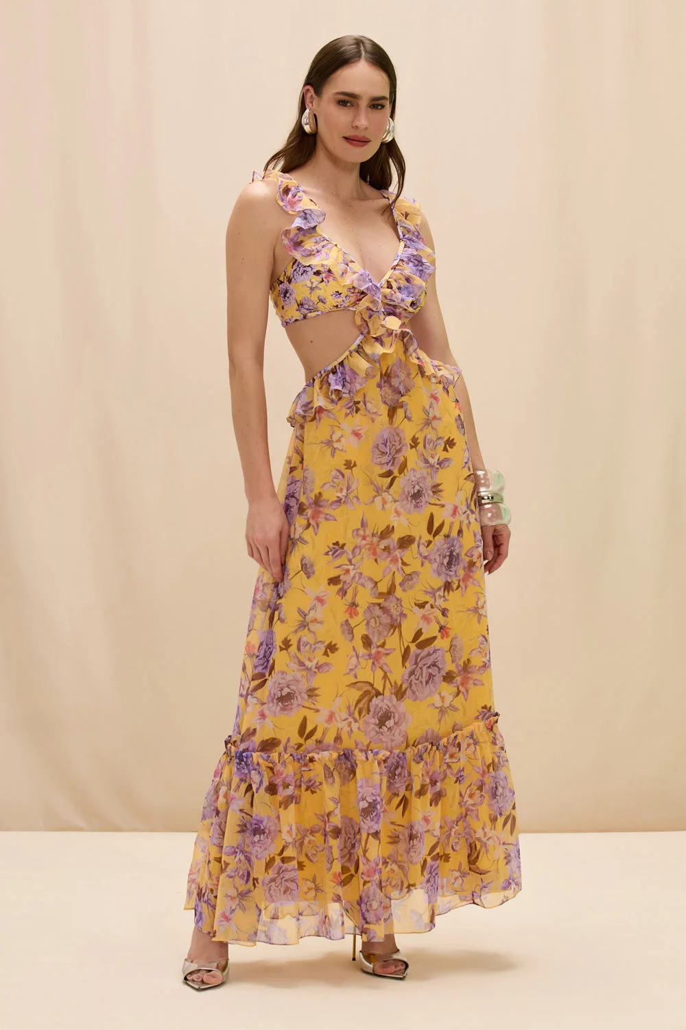 PEONY PRINT LYCRA CUT OUT MAXI DRESS - 1