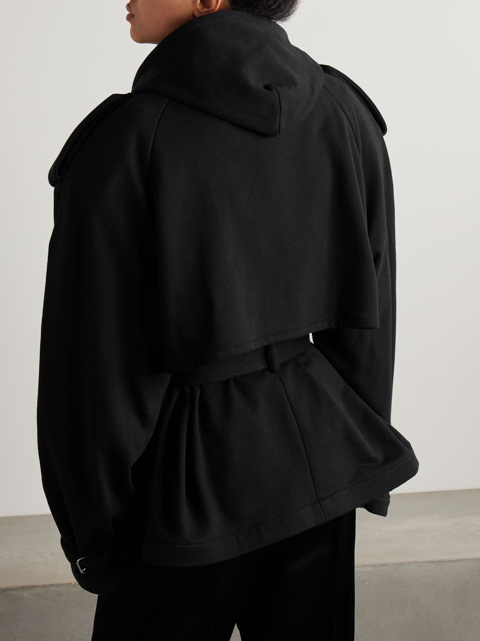 Hooded double-breasted belted cotton-jersey jacket Black - 4