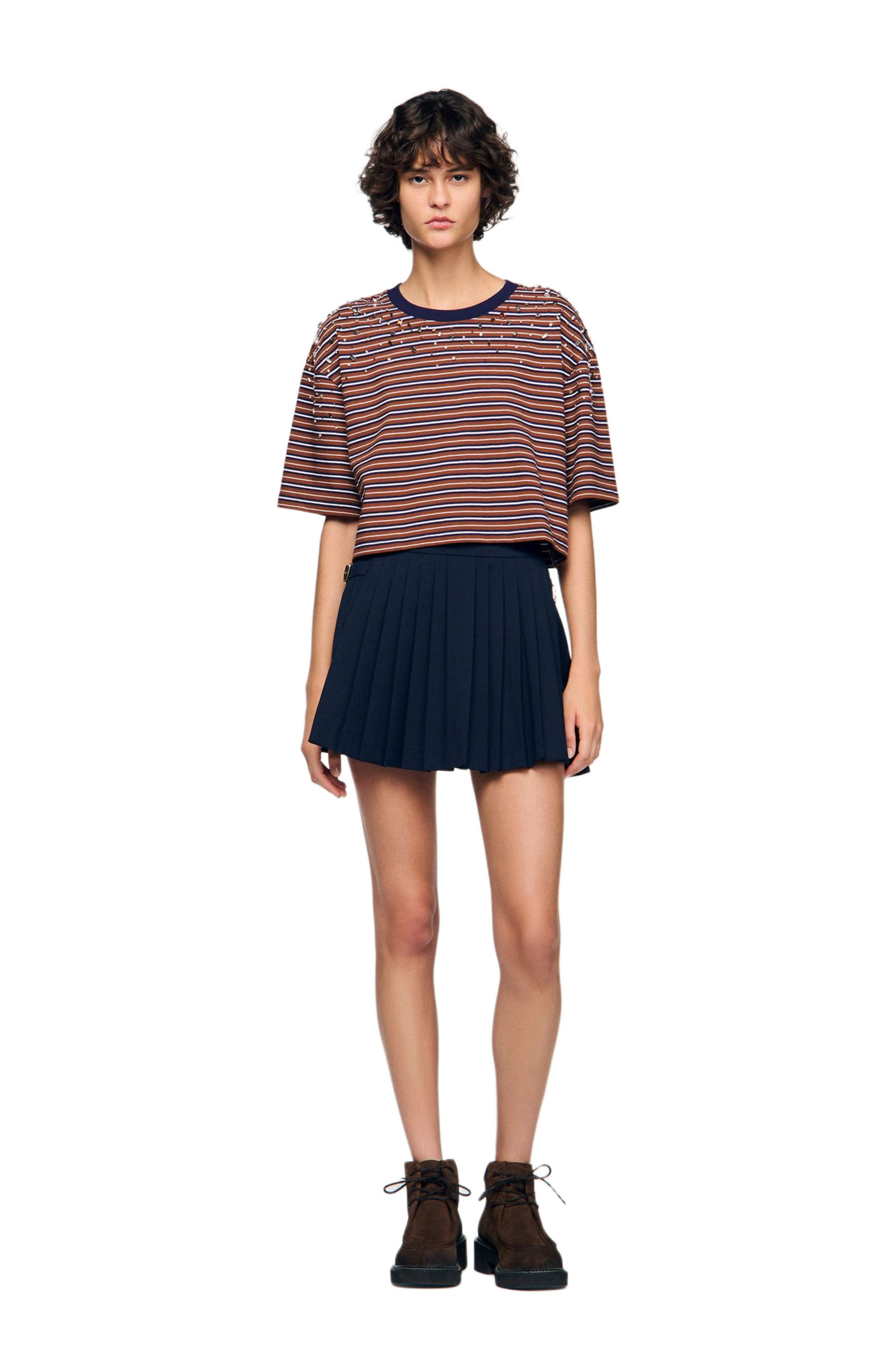 SANDRO Striped rhinestone T-shirt in Brown /Deep Blu at Nordstrom - 3