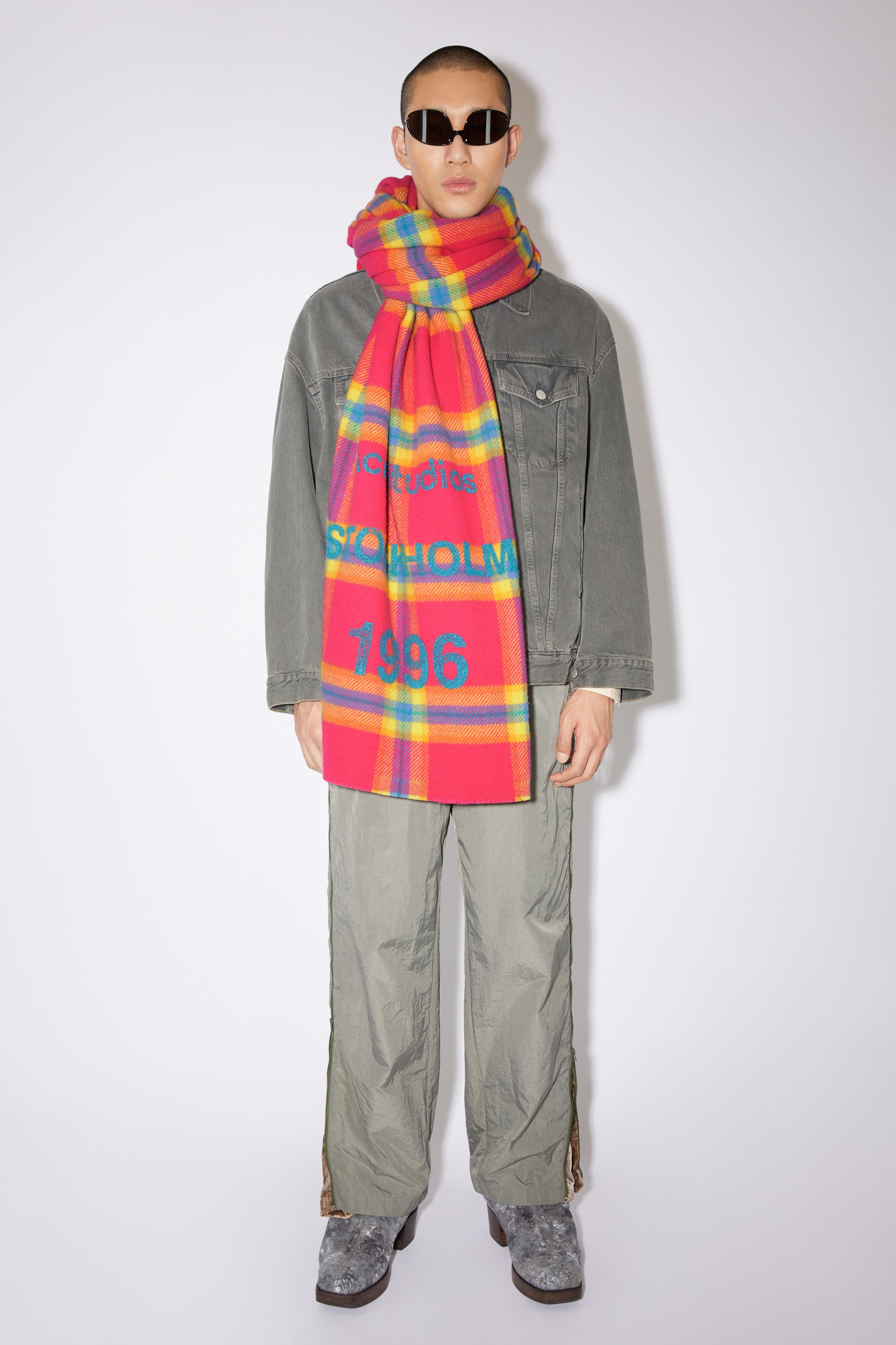 Wool logo print checked scarf - Fuchsia/yellow - 3