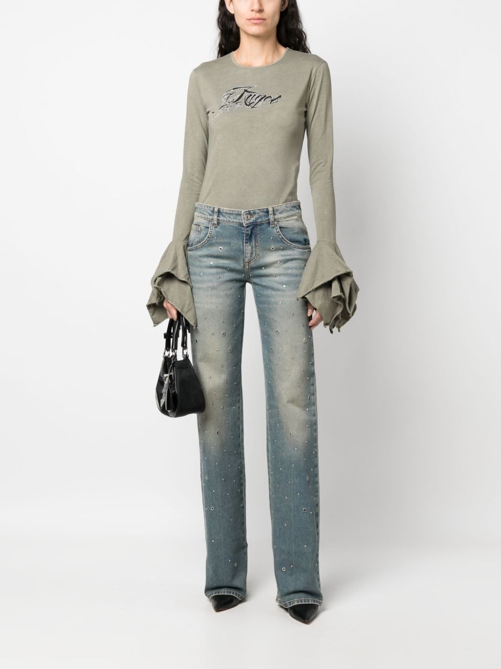 logo-print flared-cuffs cotton top - 2
