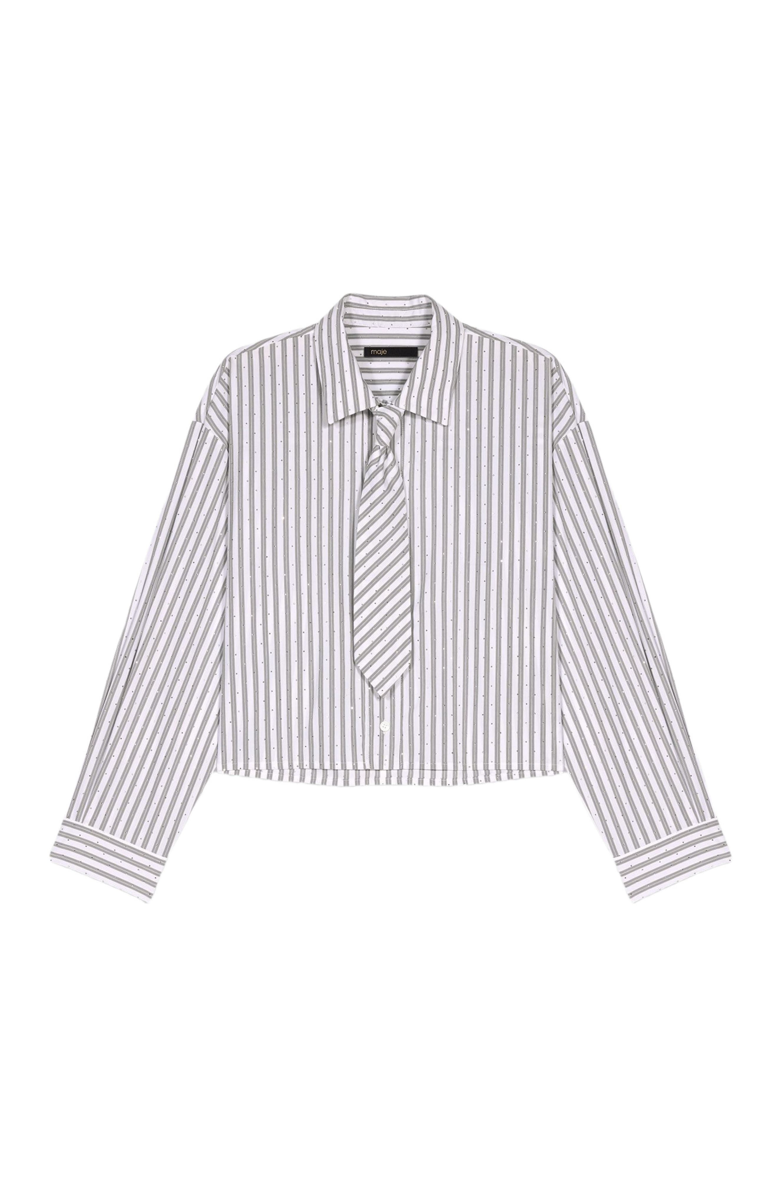 maje Striped rhinestone shirt with tie in Ecru Stripes at Nordstrom - 7