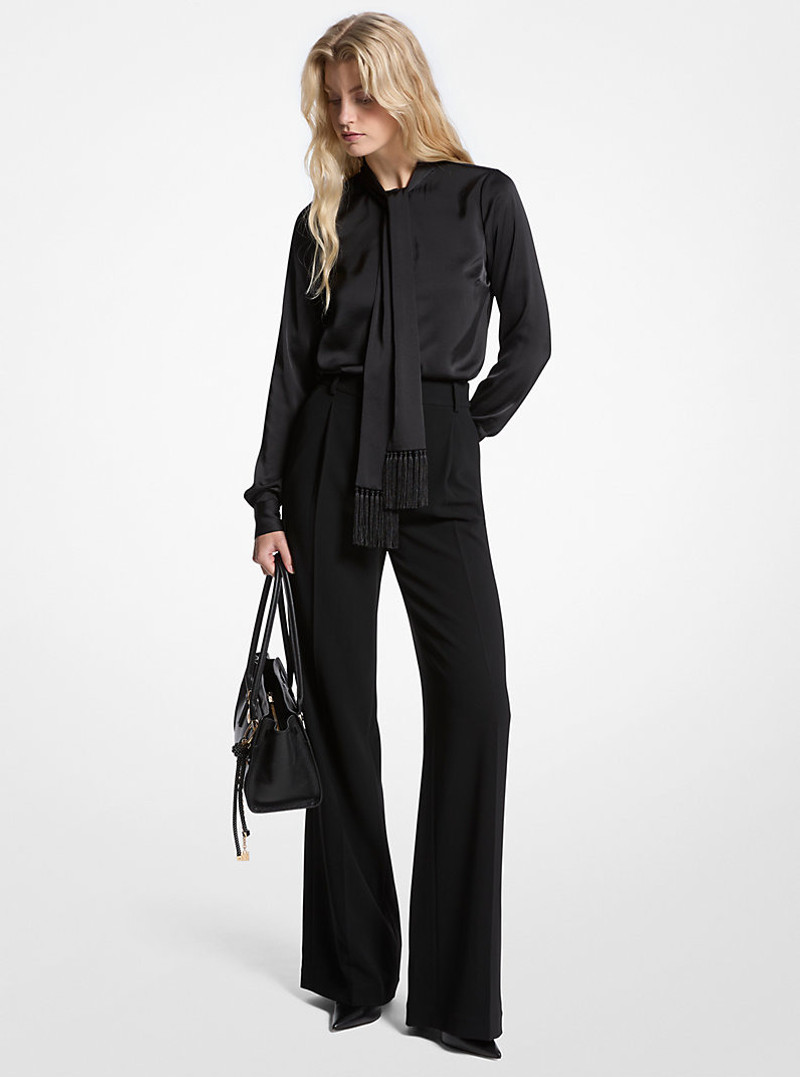 Satin Fringed Tie-Neck Blouse 1