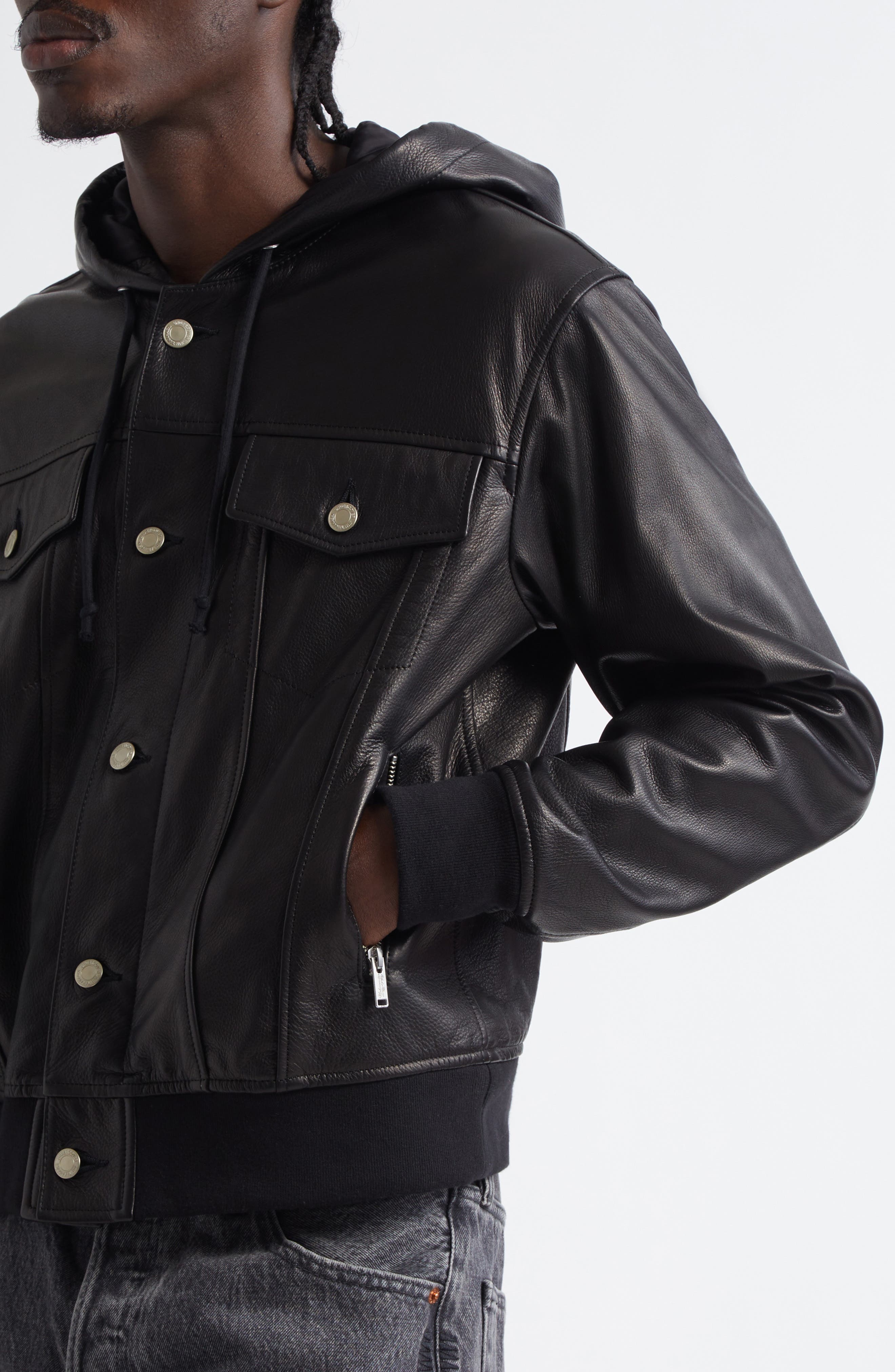 Undercover Hooded Leather Blouson Jacket in Black at Nordstrom - 4