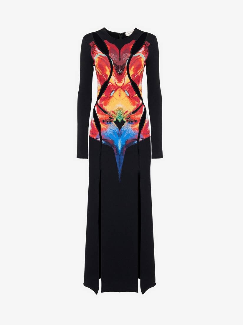 Women's Solarised Orchid Jacquard Slashed Dress in Black/red/yellow - 1