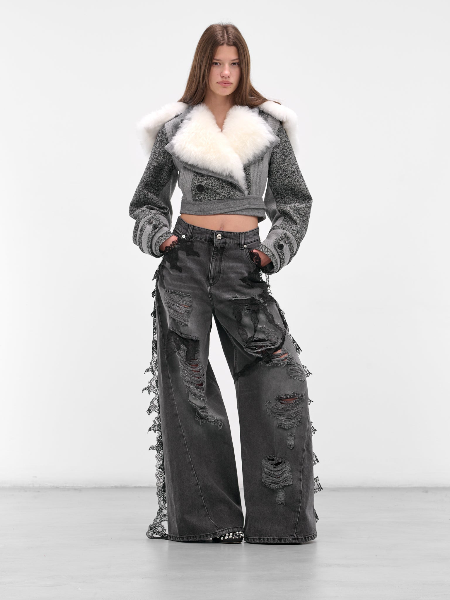 Gray Cropped Goat Fur Jacket - 6