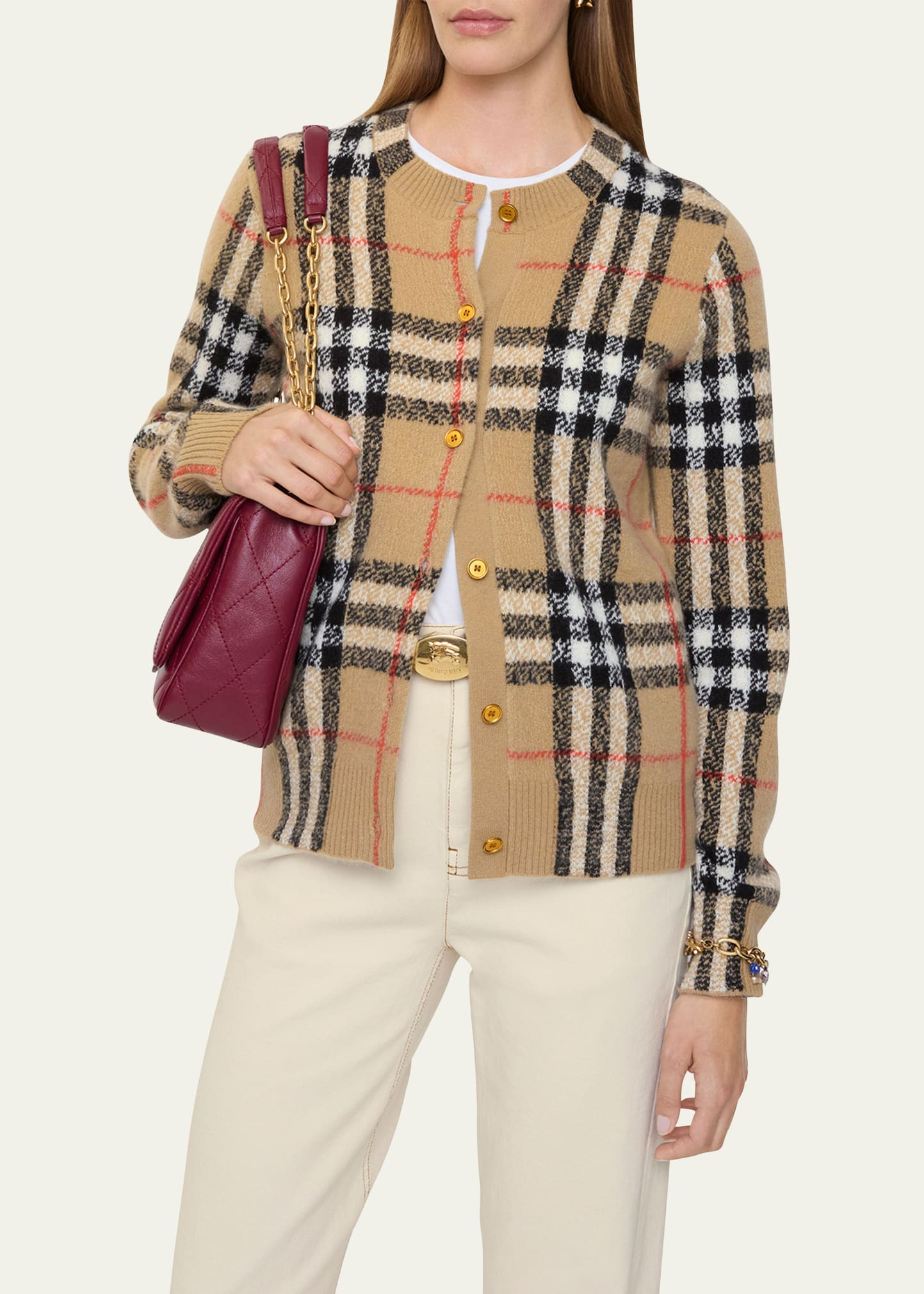Clara Check Cashmere Crewneck Cardigan - 3