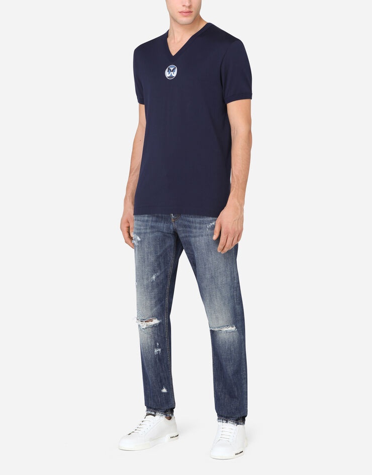 Washed blue regular-fit jeans with rips - 6