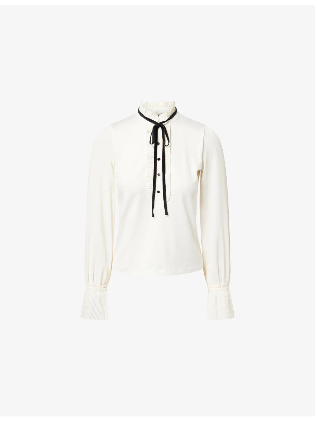 Pleated-Trims Tie Stretch-Woven Blouse - 1