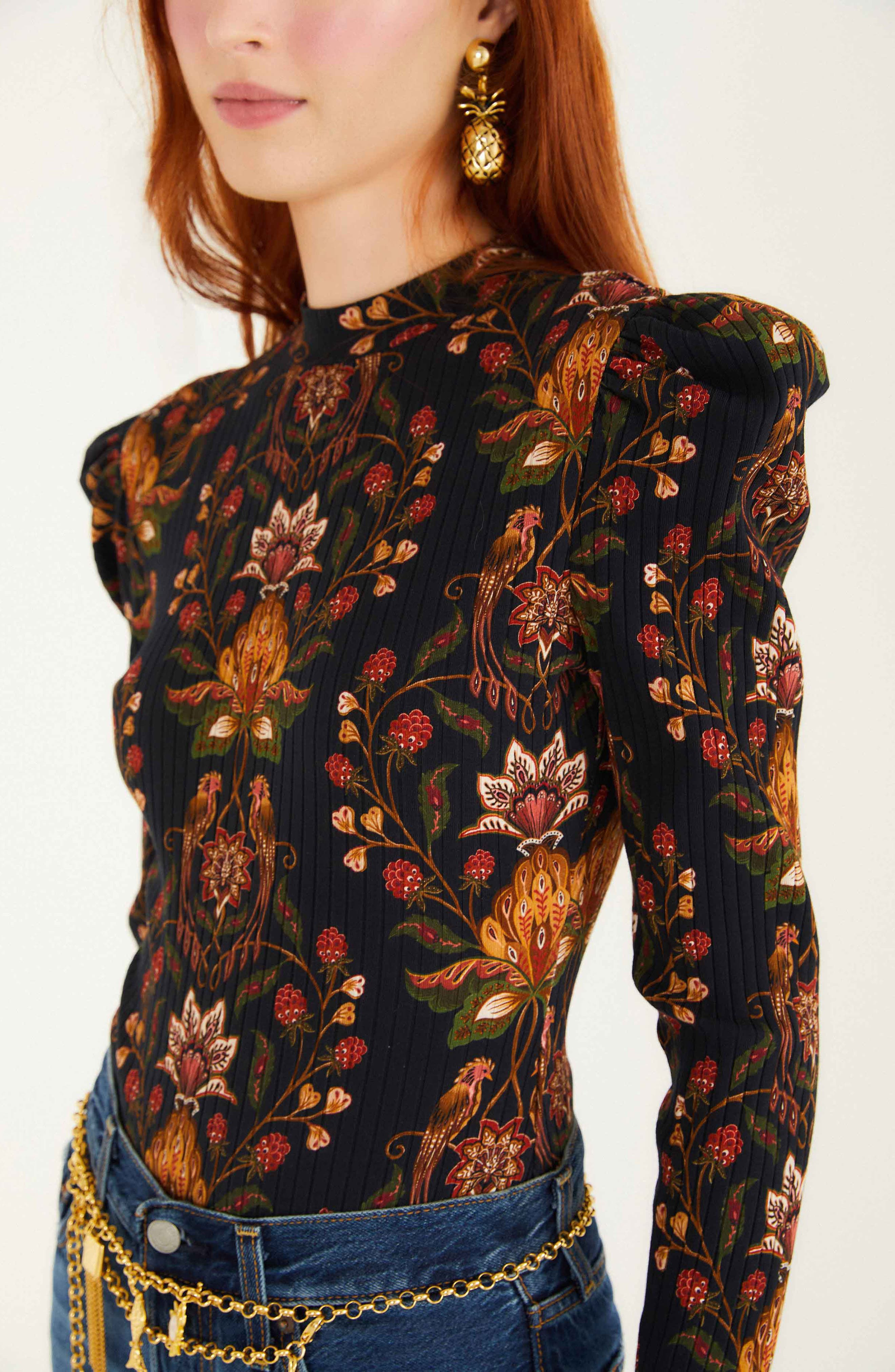 FARM Rio Floral Long Sleeve Cotton Bodysuit in Black at Nordstrom - 4