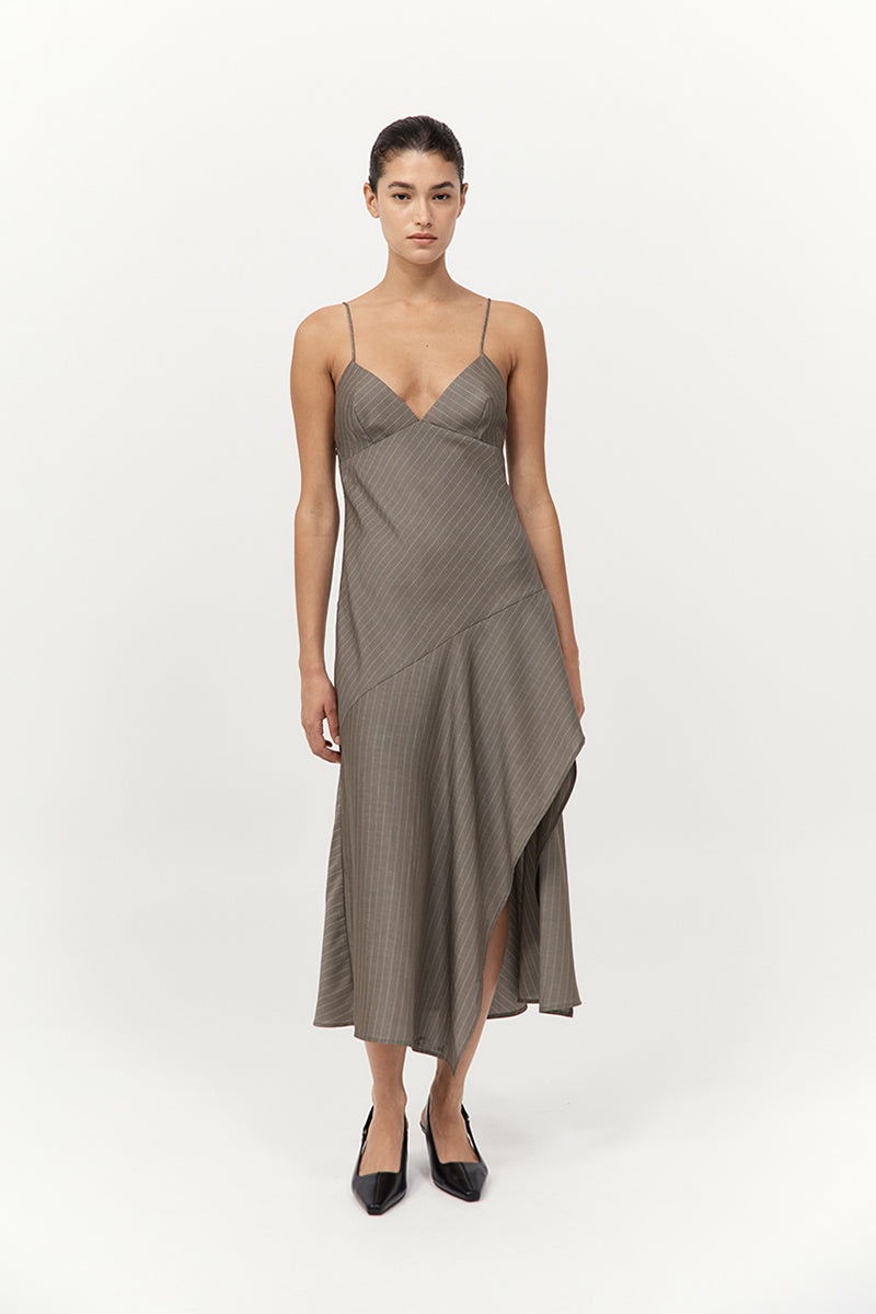 Asymmetric Slip Dress - Khaki Pinstripe - 2