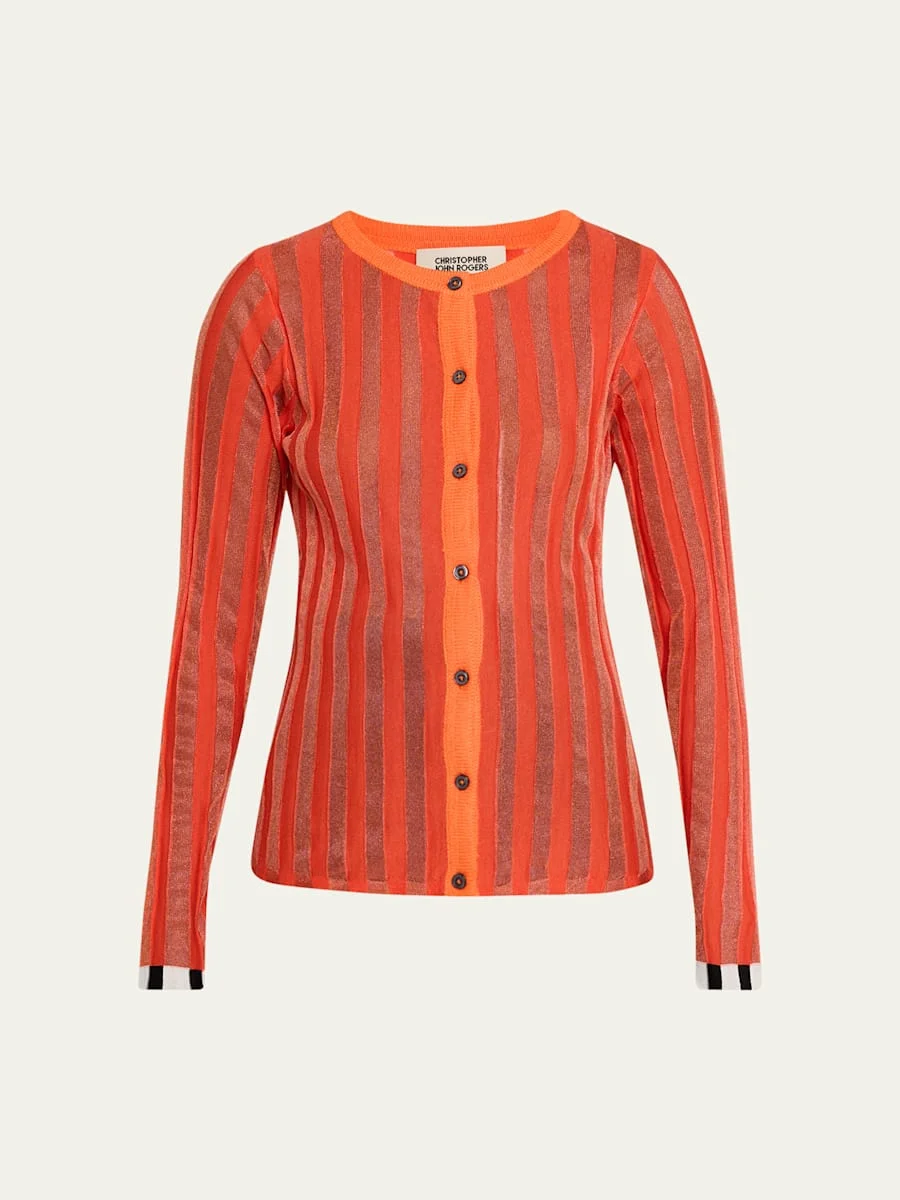 Metallic Pleated Knit Crewneck Cardigan - 1