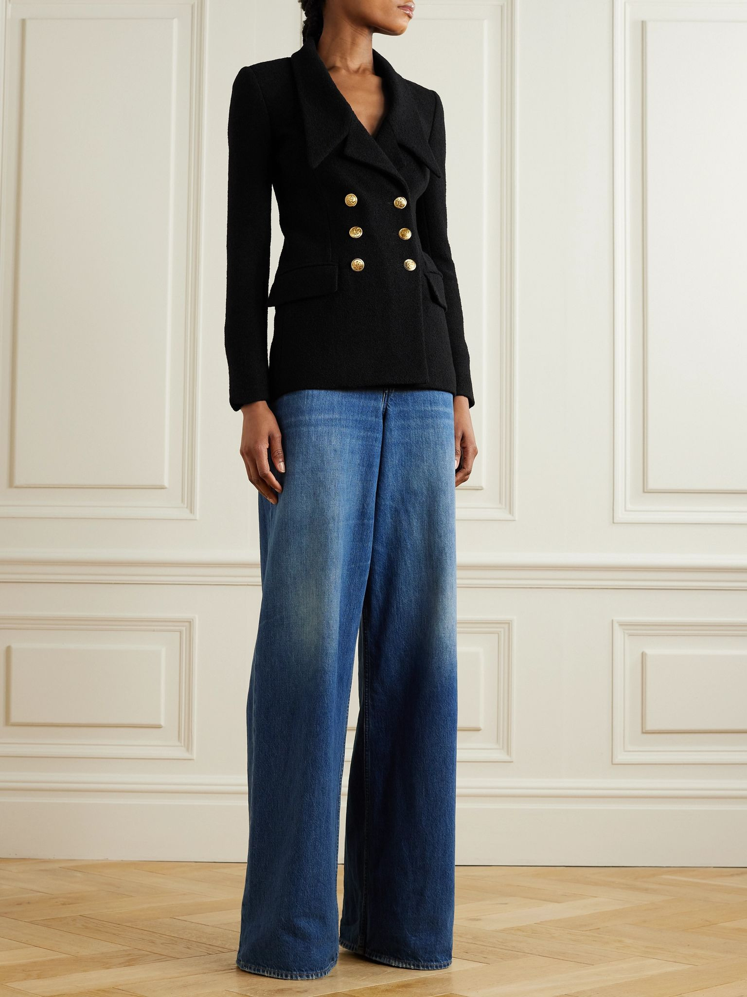 Double-breasted wool-blend blazer Black - 2