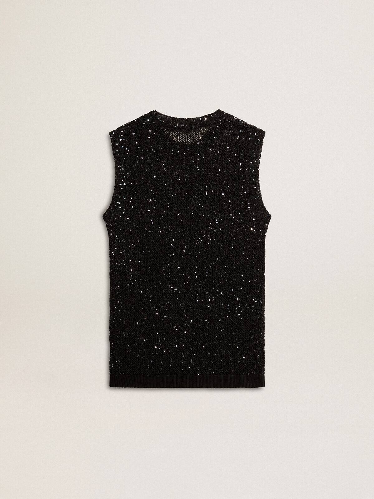 Black mesh knit top with sequins and contrasting details - 6