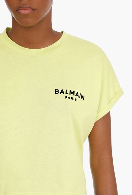 Cropped lime green cotton T-shirt with black flocked Balmain logo - 6