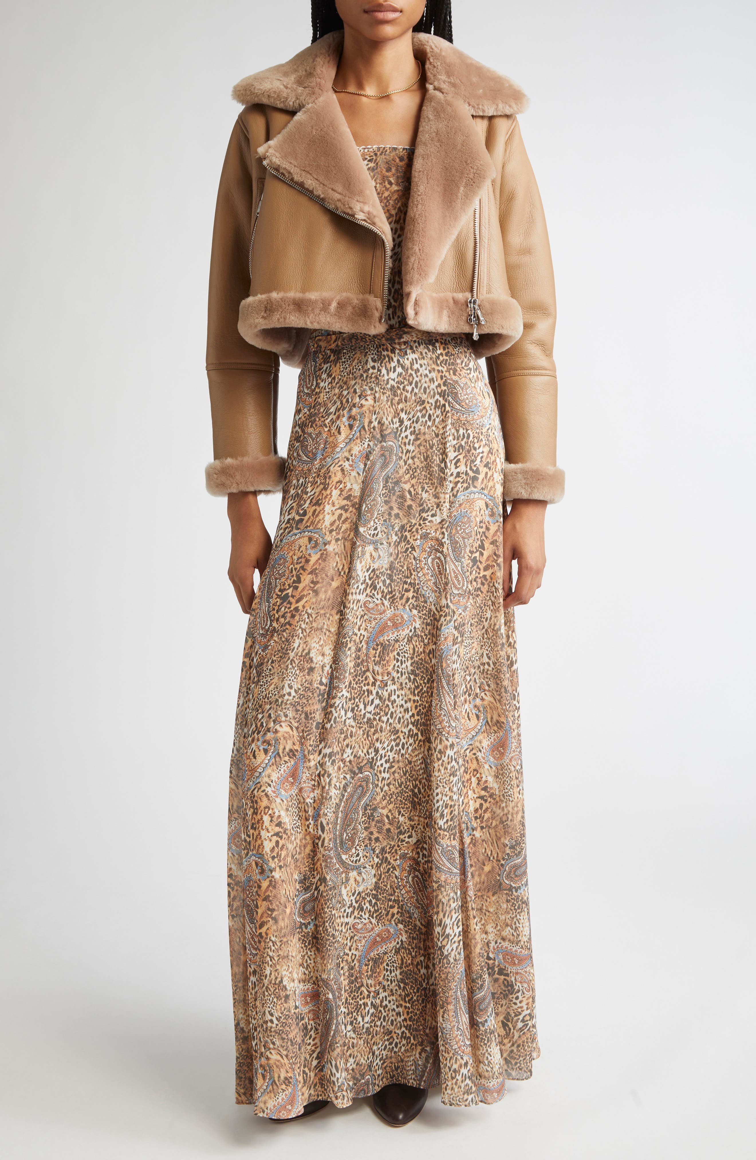 L'AGENCE Pike Leather & Genuine Shearling Crop Jacket in Chanterelle at Nordstrom - 2