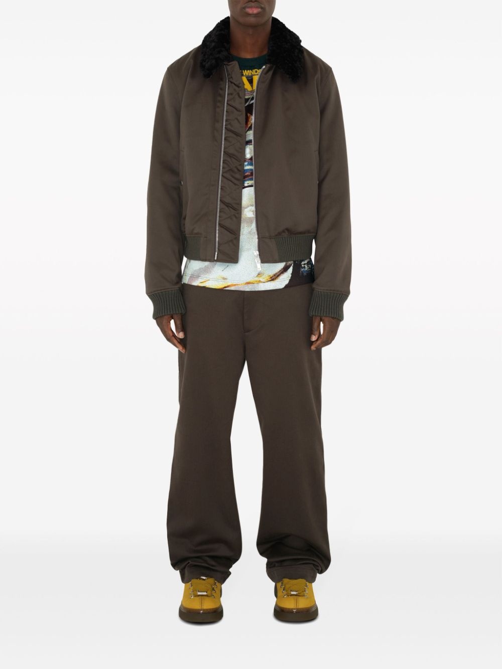 zipped shearling-collar bomber jacket - 2