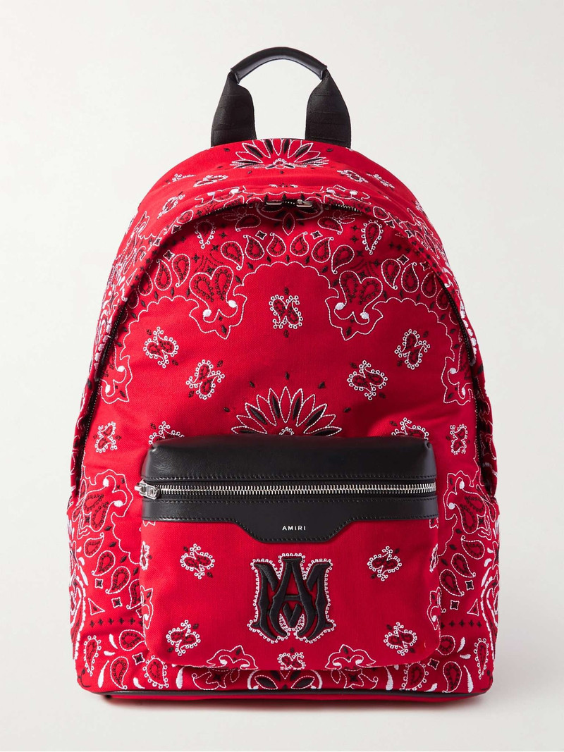 Leather-Trimmed Embroidered Canvas Backpack 1