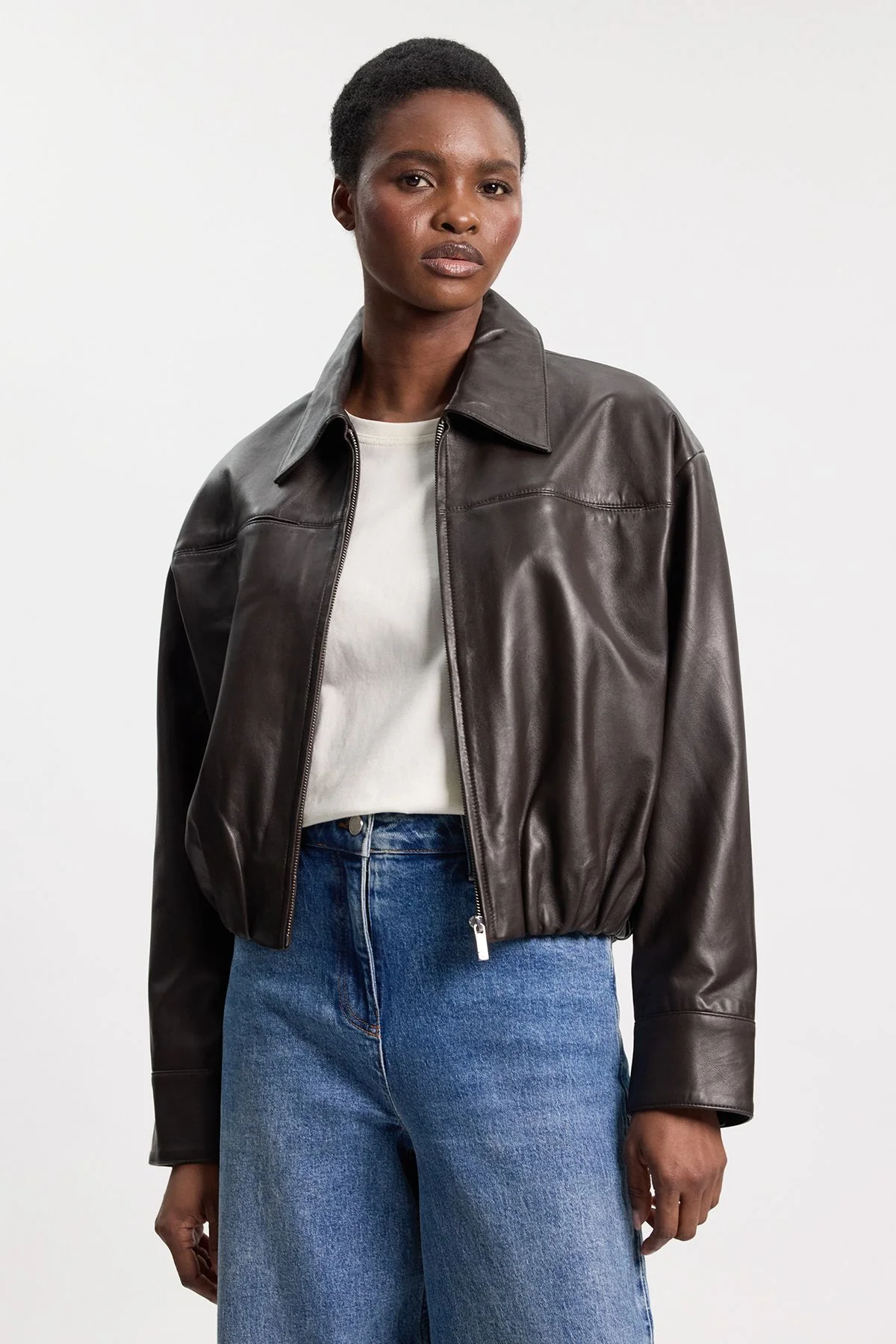 Leather Collared Bomber Jacket - 1