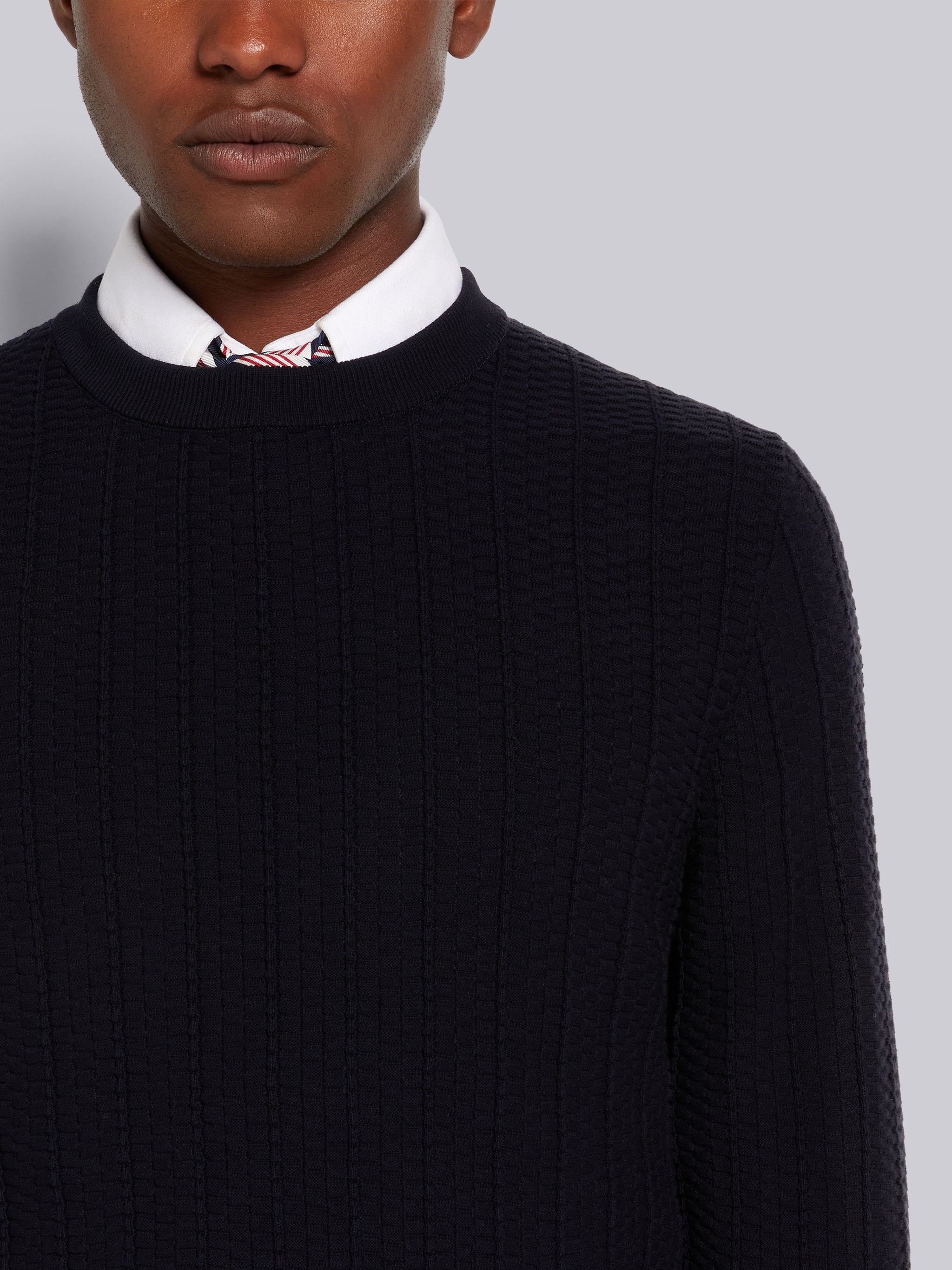 Navy Textured Cotton Stripe Rib Crew Neck Pullover - 5