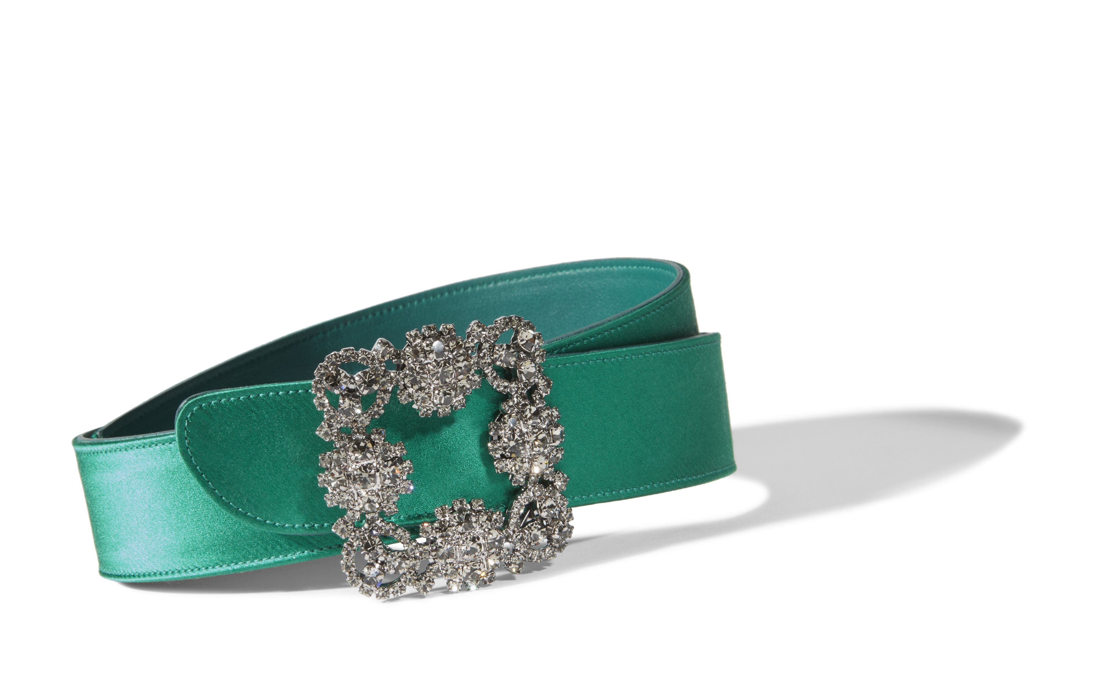 Green Satin Crystal Buckled Belt - 2