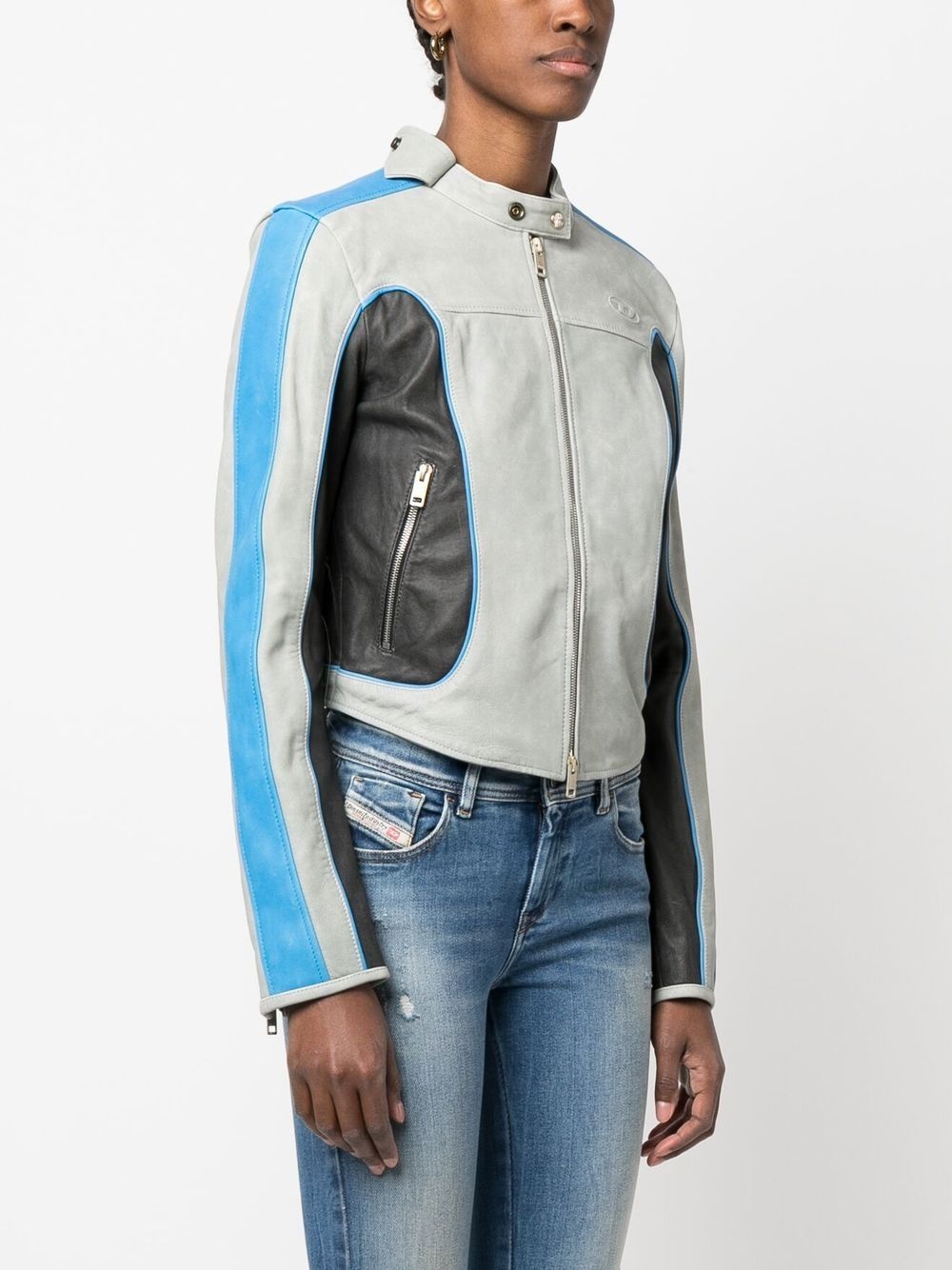 colour-block leather biker jacket - 3