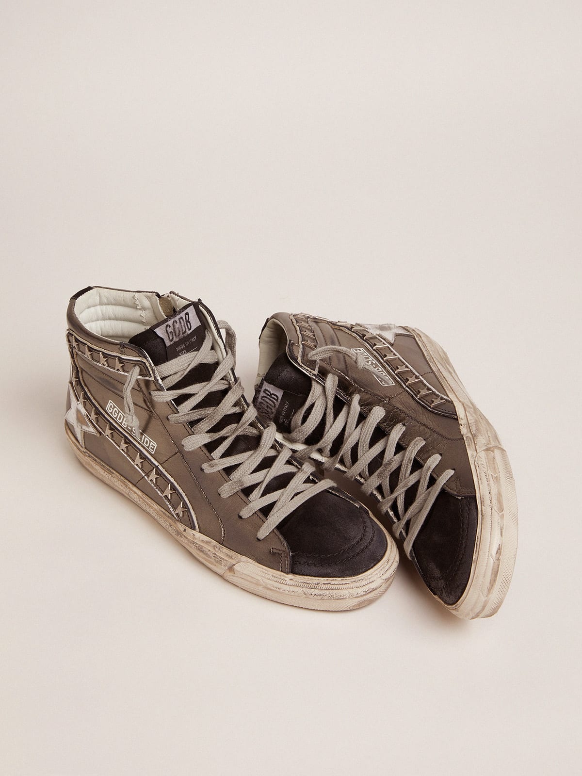 Slide sneakers with silver laminated leather upper and star-shaped studs - 2