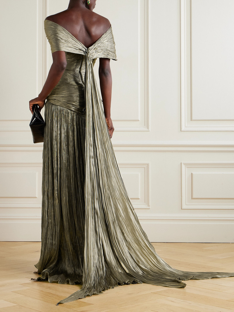 Off-the-shoulder Ruched Metallic Plissé-chiffon Gown 3