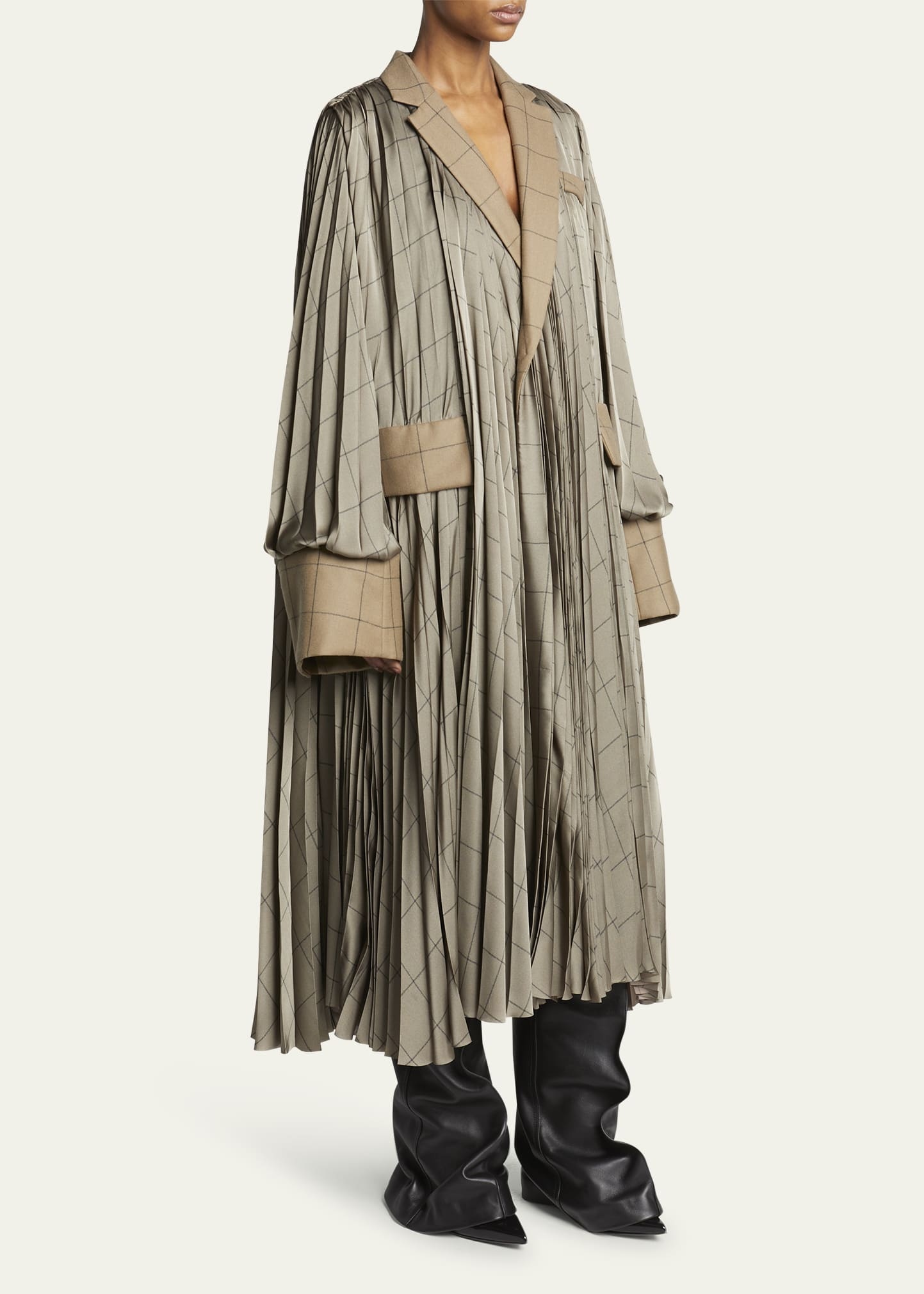 Windowpane Oversized Pleated Wool Coat - 4