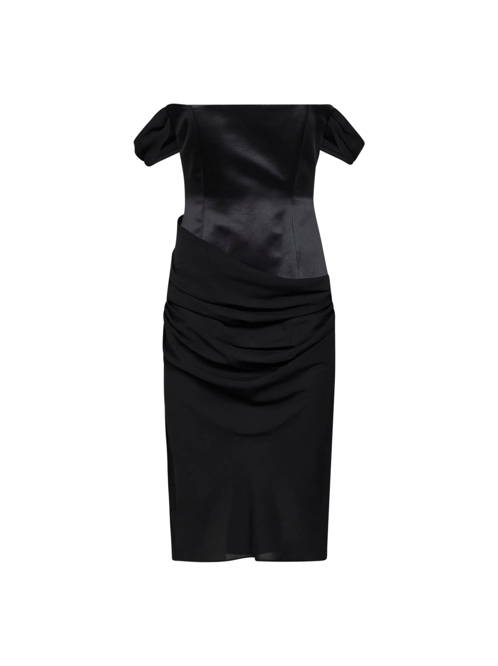 Black duchesse satin and silk georgette fff-the-shoulder midi dress - 1