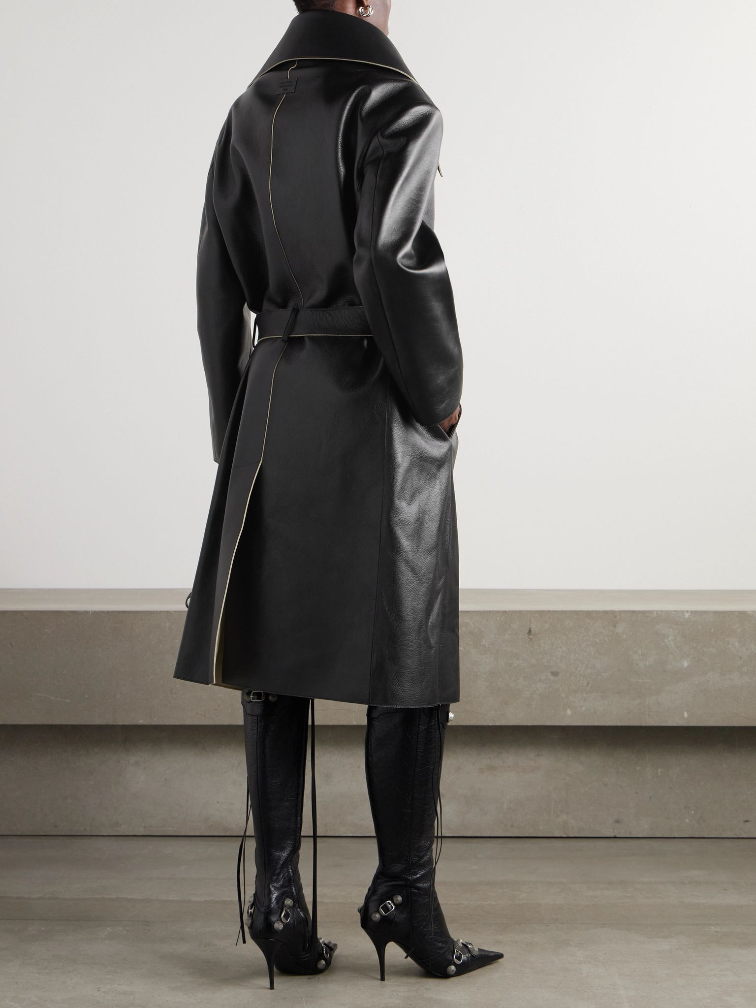 Belted leather coat Black - 4