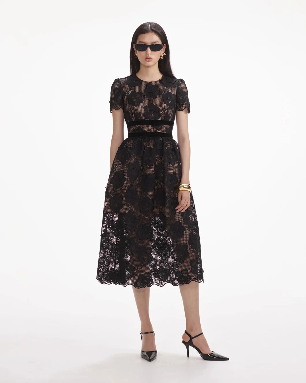 BLACK LACE VELVET BOW MIDI DRESS - 4